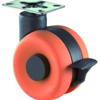 Plastic double castor + brake, orange, height: 100mm, Ø: 75mm, 47x47mm, 50kg