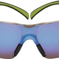 Schutzbrille Bügel schwarz grün, EN166, PC blau verspiegelt
